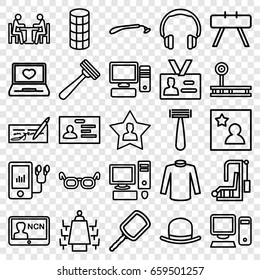 Personal icons set. set of 25 personal outline icons such as razor, mirror, hat, hair curler, sweater, badge, laptop with heart, mp3 player, favourite user, pc, meeting