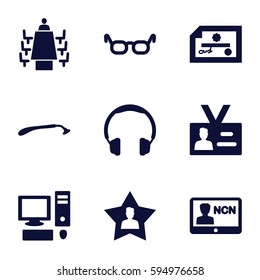 personal icons set. Set of 9 personal filled icons such as razor, badge, favourite user, meeting, pc, headphones, glasses