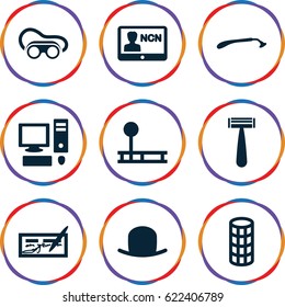 Personal icons set. set of 9 personal filled icons such as razor, hat, hair curler, welding glasses, badge, pc, check