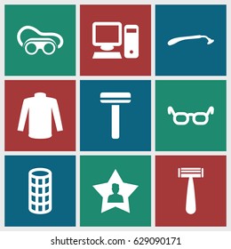 Personal icons set. set of 9 personal filled icons such as razor, hair curler, sweater, welding glasses, favourite user, pc
