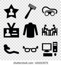 Personal icons set. set of 9 personal filled icons such as razor, sweater, welding glasses, abdoninal workout, badge, favourite user, meeting, pc