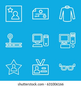 Personal icons set. set of 9 personal outline icons such as sweater, badge, favourite user, favorite photo, pc, glasses, check