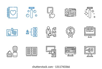 personal icons set. Collection of personal with computer, pc, notebook, shaving brush, badge, skills, id card, razor, recorder, hand mirror. Editable and scalable personal icons.