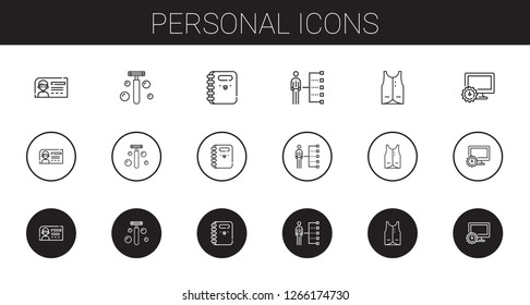 personal icons set. Collection of personal with id card, razor, notebook, skills, vest, computer. Editable and scalable personal icons.