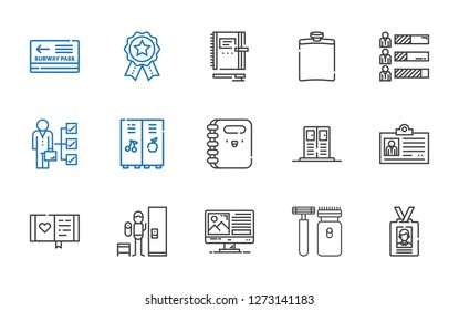 personal icons set. Collection of personal with id card, shaver, computer, locker, diary, notebook, skills, hip flask, badges, pass. Editable and scalable personal icons.