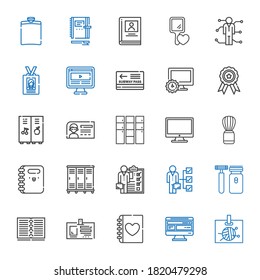 personal icons set. Collection of personal with id card, computer, diary, notebook, shaver, skills, lockers, shaving brush, locker, badge. Editable and scalable personal icons.