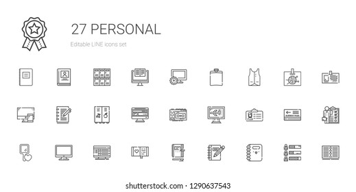 personal icons set. Collection of personal with notebook, diary, computer, hand mirror, id card, recorder, locker, vest, hip flask, skills. Editable and scalable personal icons.