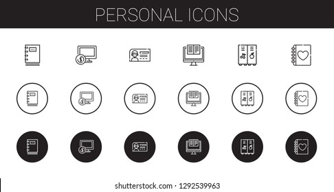 personal icons set. Collection of personal with notebook, computer, id card, locker, diary. Editable and scalable personal icons.