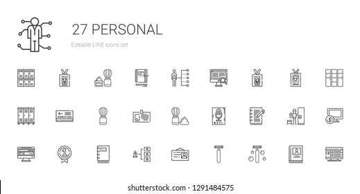 personal icons set. Collection of personal with razor, id card, skills, notebook, badge, computer, recorder, shaving brush, pass, lockers. Editable and scalable personal icons.