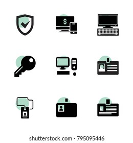 Personal icons. vector collection filled personal icons set.. includes symbols such as pc, badge, insurance, computer. use for web, mobile and ui design.