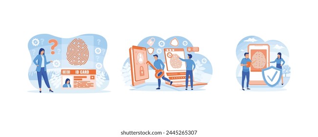 Identificación personal y control de acceso biométrico. Identificación y verificación biométricas. Concepto de autenticación biométrica. Conjunto de Vector plano ilustración moderna