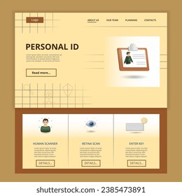 Personal ID flat landing page website template. Human scanner, retina scan, enter key. Web banner with header, content and footer. Vector illustration.