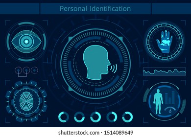 Personal identification flat vector illustration. AI technology research. Neural network, machine learning concept. Smart recognition system, fingerprint, palm print and eye scan. Artificial