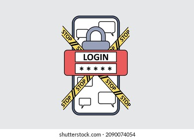 Personal identification and safety concept. Smartphone screen with login password and stop signs crossing it with lock and chat messages in application vector illustration 