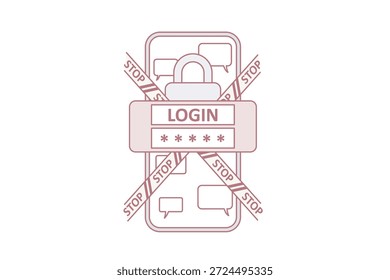 Identificação pessoal e conceito de segurança. Tela de Smartphone com senha de login e sinais de parada cruzando-o com mensagens de bloqueio e bate-papo na ilustração vetorial do aplicativo