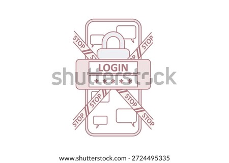 Personal identification and safety concept. Smartphone screen with login password and stop signs crossing it with lock and chat messages in application vector illustration