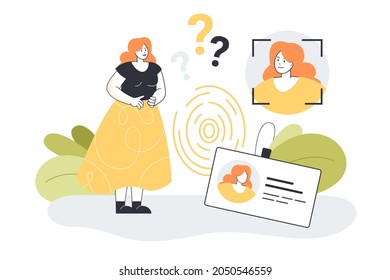 Personal Identity For Digital Data Security Of Female Character. Abstract ID Card Badge For Office Employee, Facial Recognition, Fingerprint Flat Vector Illustration. Safety Identification Concept