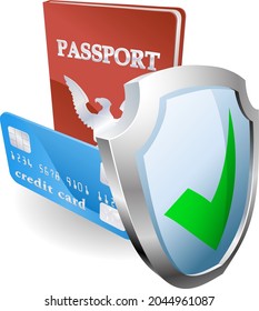 Personal identity documents with shield icon indicating they are protected, safe, secure or insured.