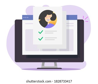 Personal identity paper form check list document online on desktop computer, pc with customer profile info icon flat cartoon vector illustration, concept of employment or requirement icon design