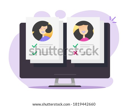 Personal identity or skills comparing online check list document, choosing candidate and human resources concept on computer screen, customer profile info on pc modern design