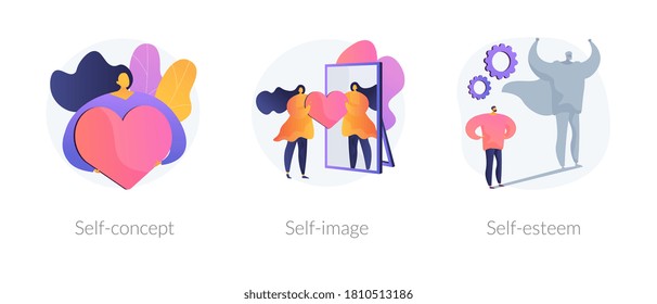 Conjunto de ilustração vetorial de conceito abstrato de imagem pessoal. Autoconceito, autoimagem e estima, papel social, psicologia individual, confiança, autopercepção positiva, metáfora abstrata do retrato.