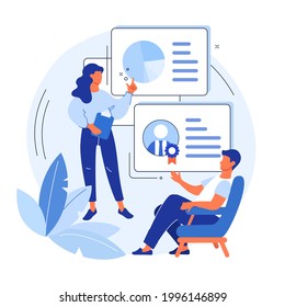 Personal improvement metaphor - vector illustration. Woman coach explain principles of self-growth for man client