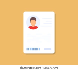 Icono de datos de información personal. Icono de tarjeta de identificación. Icono de datos de información personal. Símbolo de datos de usuario o tarjeta de perfil, documento de identidad con foto de persona y texto. controlador de Camión, permiso de conducción, tarjeta de identificación