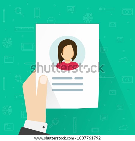 Personal info data icon vector illustration isolated, flat cartoon style of user or profile card details in reviewer hand, account idea, identity document or cv with person photo and text clipart