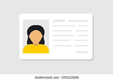 Personal info data. ID cards. Identification document with person photo. User or profile card. Driver's license. Flat style. Vector illustration.