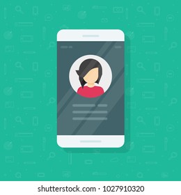 Personal info data on mobile phone vector illustration, flat cartoon user contacts or profile card details on smartphone, cellphone my account pictogram idea, identity person photo and text clipart