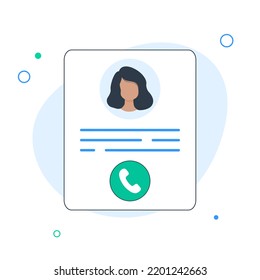Personal info data, user or profile card details symbol with call icon. Flat design, vector illustration