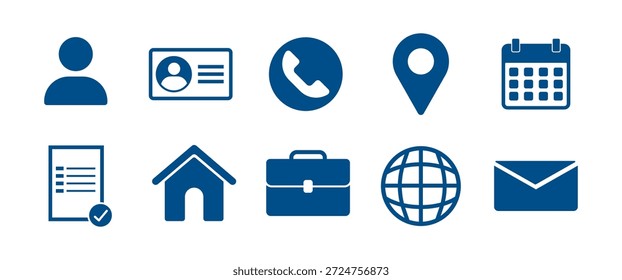 Symbolsatz für persönliche Daten, einschließlich Benutzerprofil, Personalausweis, Telefon, Standortstift, Kalender, Dokument, Privatadresse, Aktentasche, Globus- und E-Mail-Symbole. Konzipiert für Account-Einstellungen, Profilseiten, Kontaktformulare, Business-Dashboards, mobile Anwendungen und Web-Schnittstellen. Sauberer flacher Stil, blaues Farbschema, editierbar, hohe Auflösung, kommerzielle Nutzung, sofort einsatzbereit.