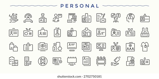 Personal Information linear icon collection. Contains such symbols as info, chat, phone, message and more. Info icon set. Outline icons pack. Editable stroke. Vector illustration.