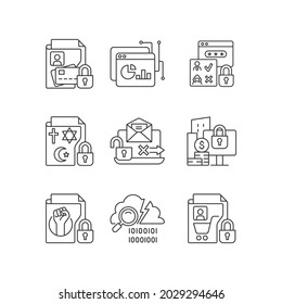 Información personal: conjunto de iconos lineales. Datos financieros. Herramienta analítica. Autorización. Creencias religiosas. Símbolos de contorno de línea delgada personalizables. Ilustraciones aisladas del contorno vectorial. Trazo editable