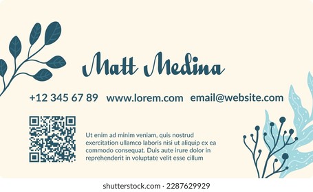 Personal information of owner of company or businessman. Phone number and website address, email and details with qr code link. Business card, advertisement and marketing. Vector in flat style