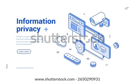 Personal information privacy protection secure outline isometric web banner design template vector illustration. User account private safe internet security access verification technology landing page