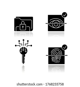 Protección de la información personal arroja sombra sobre el juego de iconos de glifos negros. Sistema de seguridad de Internet. Escáner de huellas digitales y oculares. Bloqueo electrónico del documento. Ilustraciones vectoriales aisladas en el espacio blanco