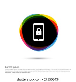 Personal Information Protection. Lock On The Smart Phone Mobile Screen, White Pictogram Icon Creative Circle Multicolor Background. Vector Illustration. Flat Icon Design Style