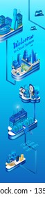 Personal Information Safety in Cloud Storage Isometric Vector Vertical Concept with Modern City Connected to Protected and Secure Data Center with Cryptocurrency Savings on Servers Discs Illustration