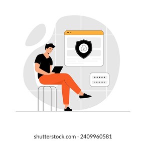 Seguridad de la información personal, acceso a la cuenta, verificación y autenticación. Página Web protegida con contraseña y código. Ilustración de la escena de personas en diseño plano para el desarrollo de sitios web y móviles