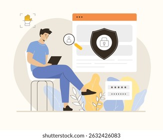 Sicherheit personenbezogener Daten, Kontozugriff, Verifizierung und Authentifizierung. Webseite mit Passwort und Code geschützt. Flache Vektorgrafik.	

