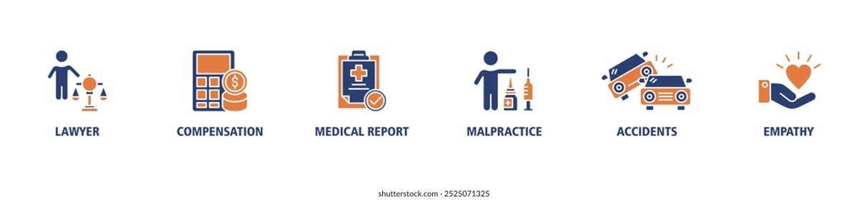 Personal injury law banner web icon set vector illustration concept with icon of lawyer, compensation, medical reports, malpractice, accidents and empathy icons infographics symbol background