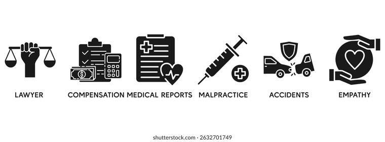 Personal injury law icon set vector illustration concept relate to lawyer, compensation, medical reports, malpractice, accidents and empathy