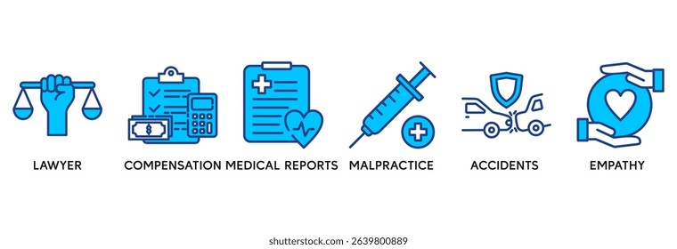 Personal injury law icon set vector illustration concept relate to lawyer, compensation, medical reports, malpractice, accidents and empathy