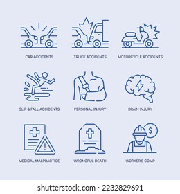 Personal injury law vector line icons set for attorneys on white background