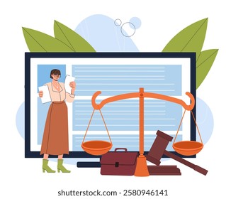 Personal Injury lawyer online. Woman near briefcase and scales, judge gavel. Legal support and rights protection. Lawyer and notary. Justice and judgement. Flat vector illustration