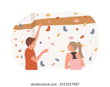 Personal instructor isolated cartoon vector illustrations. Young girl listening to bouldering instructions, climbing the wall preparation, healthy and active lifestyle vector cartoon.