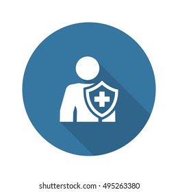 Personal Insurance Icon. Flat Design. Isolated Illustration. Man with a shield and a cross on it.