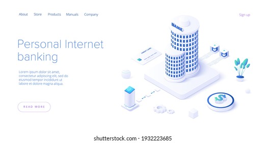 Personal internet banking and money transaction concept in isometric vector design. Payment transfer or deposit and investment. Web banner layout template.