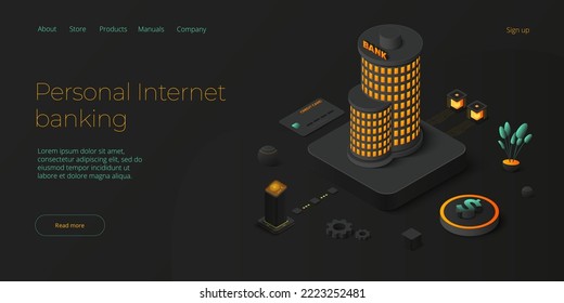 Personal internet banking and money transaction concept in isometric vector design. Payment transfer or deposit and investment. Web banner layout template